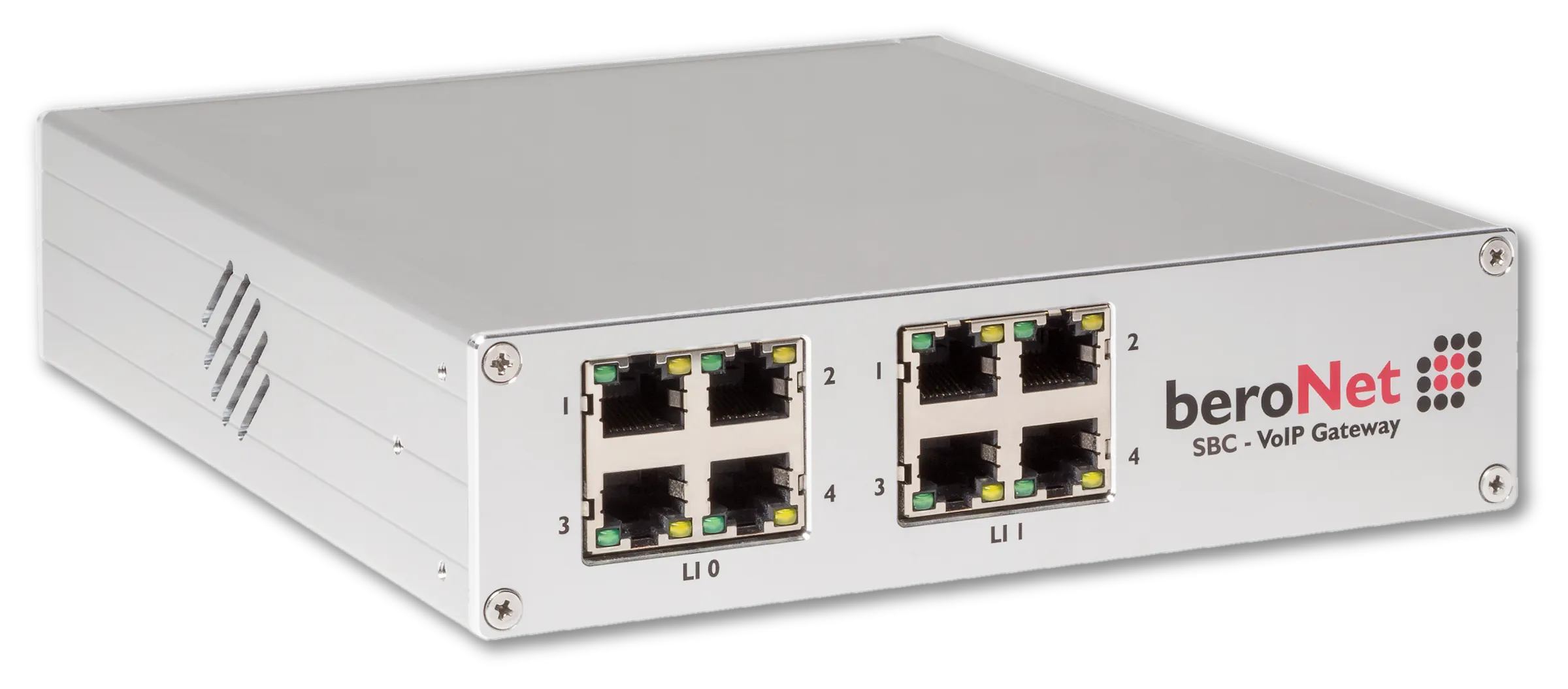 beroNet enterprise session border controller seen at an angle from the front: a slim metal housing with two module slots of four RJ45 ports each